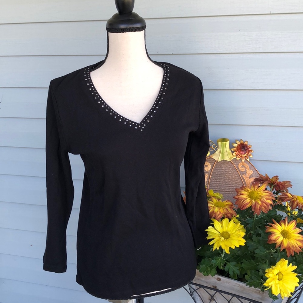 RAFAELLA EMBELLISHED 3/4 SLEEVE BLACK TOP NWT